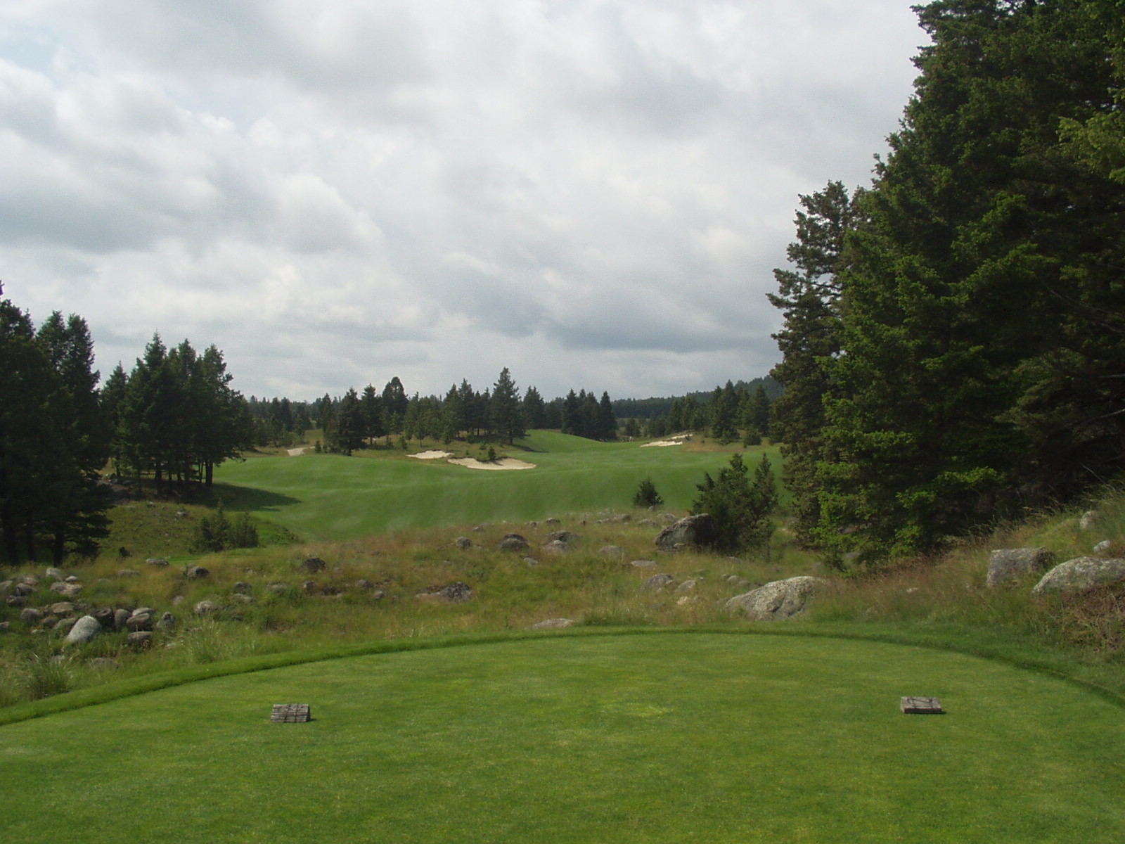 Rock Creek Cattle Company fairway with pines, white bunkers, and a clouded Montana sky